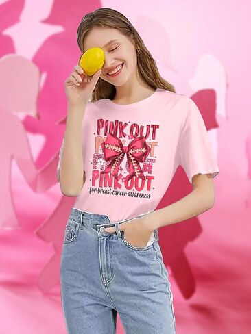 Pink Out لكرة القدم قميص المرأة سرطان الثدي قمصان لعبة يوم بلايز السرطان الناجين هدية المحملة القمم in Kuwait