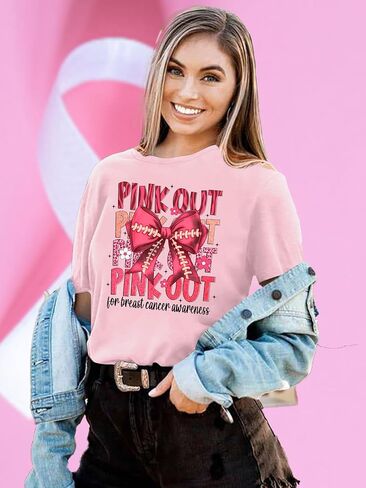 Pink Out لكرة القدم قميص المرأة سرطان الثدي قمصان لعبة يوم بلايز السرطان الناجين هدية المحملة القمم in Kuwait