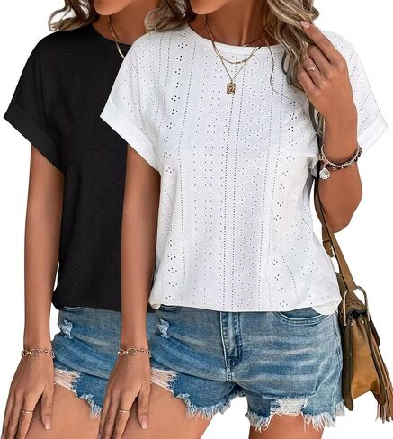 2PACK Womens Tops Eyelet Embroidery Curved Hem 2025 Casual Short Sleeve Trendy T Shirts Beach Vacation Clothes in Saudi Arabia