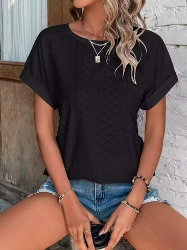 2PACK Womens Tops Eyelet Embroidery Curved Hem 2025 Casual Short Sleeve Trendy T Shirts Beach Vacation Clothes in Saudi Arabia