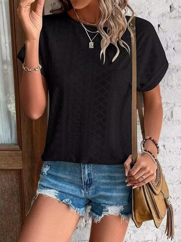 2PACK Womens Tops Eyelet Embroidery Curved Hem 2025 Casual Short Sleeve Trendy T Shirts Beach Vacation Clothes in Saudi Arabia