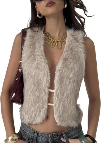 MakeMeChic Women's Faux Fur Vest Coat Furry Sleeveless Tie Open Back Y2K Cropped Jacket in Saudi Arabia