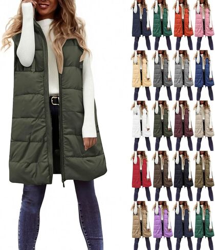 Puffer Vest Women Winter Warm Long Quilted Puffer Jackets Fall Fashion Zip Up Hoodies Puffy Down Vests Coat Outerwear in Saudi Arabia