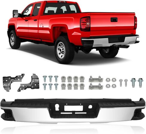 مجموعة المصد الخلفي من PENSUN مناسبة لـ 2015-2019 Chevy Silverado 2500 3500HD / 15-19 GMC Sierra 2500HD 3500HD، كروم مع فتحات مستشعر وقوف السيارات GM1103188 in Saudi Arabia