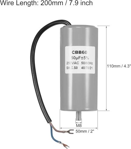 MECCANIXITY CBB60 مكثف تشغيل 35 فائق التوهج 250 فولت تيار متردد 2 سلك 50/60 هرتز اسطوانة 96 × 46 مم مع طرف، مسمار تثبيت M8 لمحرك مضخة المياه ضاغط الهواء in Kuwait