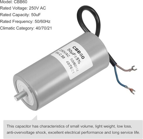 MECCANIXITY CBB60 مكثف تشغيل 35 فائق التوهج 250 فولت تيار متردد 2 سلك 50/60 هرتز اسطوانة 96 × 46 مم مع طرف، مسمار تثبيت M8 لمحرك مضخة المياه ضاغط الهواء in Kuwait