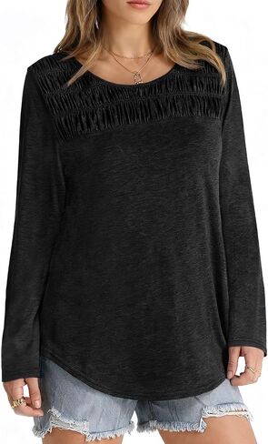 Tankaneo Womens Smocked Long Sleeve Shirts Casual Crew Neck Curved Hem Tunic Tops Loose Fit Basic Tee in Saudi Arabia