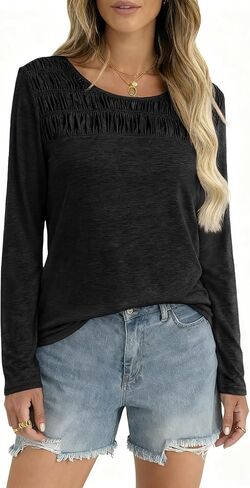 Tankaneo Womens Smocked Long Sleeve Shirts Casual Crew Neck Curved Hem Tunic Tops Loose Fit Basic Tee in Saudi Arabia