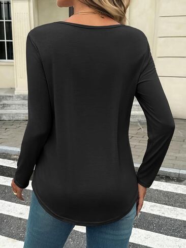 Tankaneo Womens Smocked Long Sleeve Shirts Casual Crew Neck Curved Hem Tunic Tops Loose Fit Basic Tee in Saudi Arabia