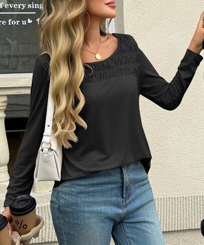 Tankaneo Womens Smocked Long Sleeve Shirts Casual Crew Neck Curved Hem Tunic Tops Loose Fit Basic Tee in Saudi Arabia