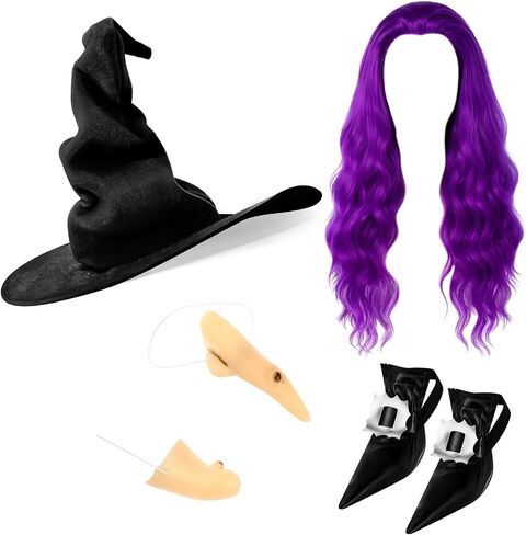 Halloween Witch Cosplay Party Costume Accessories Set Witch Hat Hair Wig Shoe Covers Nose Chin for Adult in Saudi Arabia