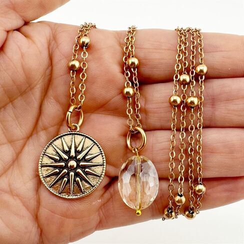 Katia Designs “This Too Shall Pass" Star Necklace – 36" Gold or Silver Plated Brass Satellite Chain with Faceted Clear AB Crystal – Dainty Boho Jewelry for Women, Quick-Connect Clasp, Nickel-Free in Saudi Arabia