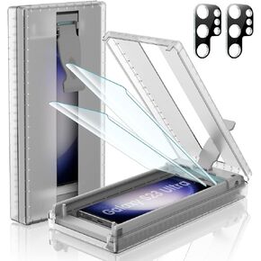 EZ-GLAZ 2+2 Pack [Auto Alignment/Dust Removal] Screen Protector for SAMSUNG Galaxy S23 Ultra 5G 6.8″, 3D Curved HD Clear Film with Camera Lens Screen Protector, 7H Hybrid Material, 100% Ultrasonic