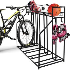 sanheshun 4 Bike Stand Rack with Storage – Bike Rack Floor Stand, Great for Parking Road, Mountain, Hybrid or Kids Bikes – Garage Organizer - Indoor Bike Storage - Sports Storage Station - Black