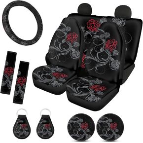 Ystardream Boho Floral Car Seat Covers Full Set for Women Rubber Steering Wheel Cover Armrest Cover Seatbelt Covers Polyester Fabric Front Seat Rear Backrest Cover Bottom Cover Universal
