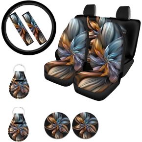 Ystardream Boho Floral Car Seat Covers Full Set for Women Rubber Steering Wheel Cover Armrest Cover Seatbelt Covers Polyester Fabric Front Seat Rear Backrest Cover Bottom Cover Universal