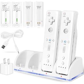 محطة شاحن 4 في 1 لجهاز التحكم عن بعد Wii&Wii U، تشحن باستخدام 4 بطاريات قابلة لإعادة الشحن (محطة شحن 4 منافذ + 4 حزم بطاريات بديلة إضافية بقدرة 2800 مللي أمبير في الساعة + قابس + كابل USB، لا تتضمن جهاز التحكم عن بعد.