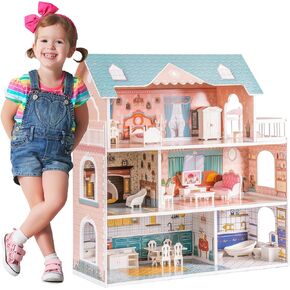ROBOTIME Doll House Wooden Dollhouse for Kids 3 4 5 6 Years Old, Doll House w/28PCS Furniture Plastic, for 3.3"Dolls, Birthday Presents for Toddler 3+