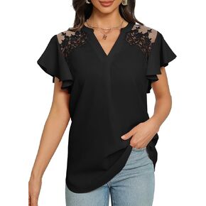 Binshre Womens Business Work Tops Elegant Notch V Neck Ruffle Short Sleeve Tops Solid Color Dressy Blouses
