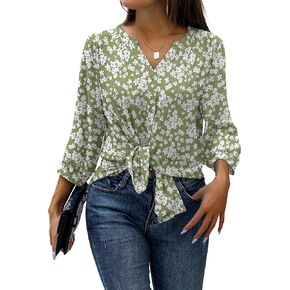 Othyroce 3/4 Length Sleeve Womens Tops Blouse Button Down Shirts Casual V Neck Loose Fit