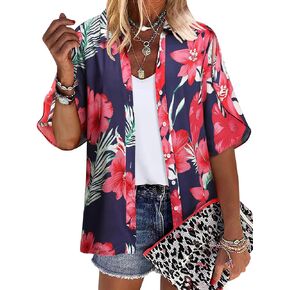 ZXZY Womens Ruffle 3/4 Sleeve Hawaiian Blouses Loose Flowy Tops Tropic Floral Shirts