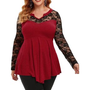 Nihsatin Plus Size T-Shirt for Women Sexy V-Neck Long Sleeve Lace Trim Curvy Tops