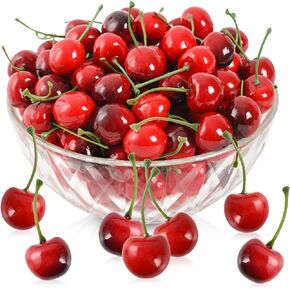 LUEYAO Artificial Cherry Fruit Fake Cherries Red Simulation Red Black Cherries Artificial Cherry Decorations Fake Fruit Model Home House Kitchen Party Decoration 100 PCS