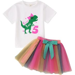 Toddler Baby Girl Birthday Cake Smash Outfit Short Sleeve Dinosaur Shirt Top Colourful Tutu Skirt Clothes Set