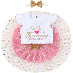 vivifayee Toddler Kids Baby Birthday Girl Outfit Ruffle Sleeve Shirt Polka Dots Tutu Skirt Sets with Headband in Kuwait
