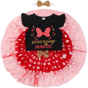 vivifayee Toddler Kids Baby Birthday Girl Outfit Ruffle Sleeve Shirt Polka Dots Tutu Skirt Sets with Headband