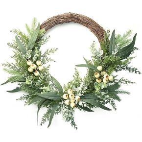 Artificial Eucalyptus Wreath 24 Inch for Front Door, Green Spring Wreath with Red Berries and Eucalyptus Leaves for Wedding Home Décor Outdoor Décor