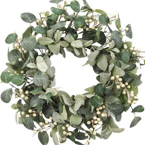 Floribus Lambs Ear Wreaths for Front Door, 18 Inch Green Artificial Berries Wreath for Spring Summer, Farmhouse Wreath for Porch, Indoor Outdoor Decor