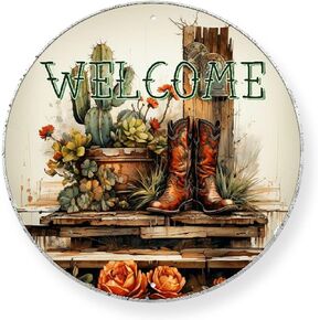 Wreath Sign Welcome Vintage Sign Western Decoration and Country Home Display Animal Farm Decor and Gift for Cowboys for Christmas Round Wreath Wall Decor Vintage Garage Yard Home Decor 12.00"x12.00"