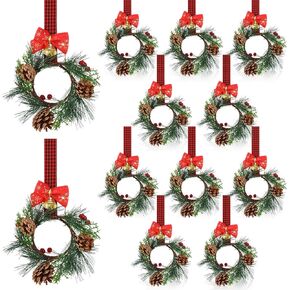 Zeyune 12 Pcs Christmas Kitchen Cabinet Wreaths with Plaid Bow Ribbon Hanging Cabinet Doors Wreaths Decorative for Kitchen Window Outdoor Indoor Holiday Decor, 14.96 x 7.87''(Classic Style)