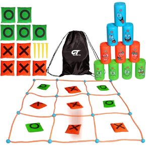 2-in-1 Bean Bag Bottle and Can Throwing Play Set Outdoor and Indoor Games Rope Throwing Tic Tac Toe Set