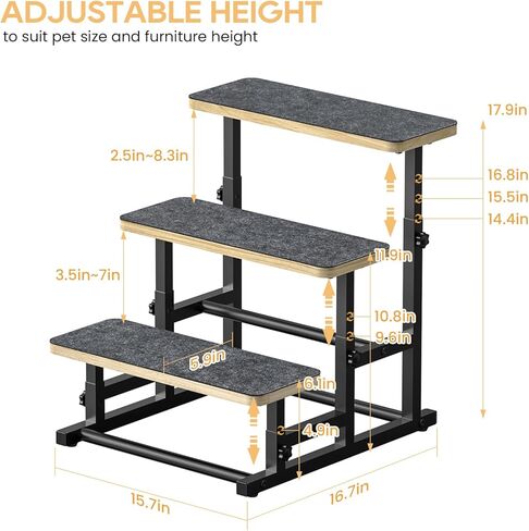 thygiftree سلالم الكلاب الأليفة للكلاب المتوسطة الصغيرة، ارتفاع خطوات الكلب قابل للتعديل لأريكة سرير عالية إطار معدني خشبي الحيوانات الأليفة خطوات منحدر الكلب لجرو، القطط in Kuwait