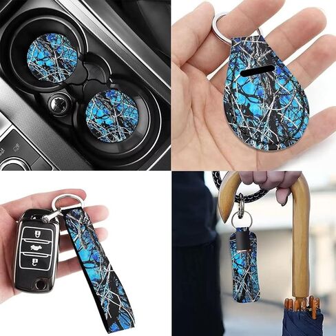 أغطية مقاعد السيارة من Wideasale Blue Camo Oak Hunting 12 قطعة مجموعة كاملة/أغطية عجلة القيادة/وسادات حزام الأمان/سلسلة المفاتيح/كوستر/حامل أحمر الشفاه، ملحقات السيارات العالمية، حامي داخلي مناسب عالمي in Kuwait
