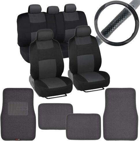 BDK MT-300 Front & Rear Combo Set of 4 Piece Auto Carpet Floor Mats with PolyPro Car Seat Covers & Steering Wheel Cover, Fits Most for Car Truck Van SUV, Interior Car Accessories in Saudi Arabia