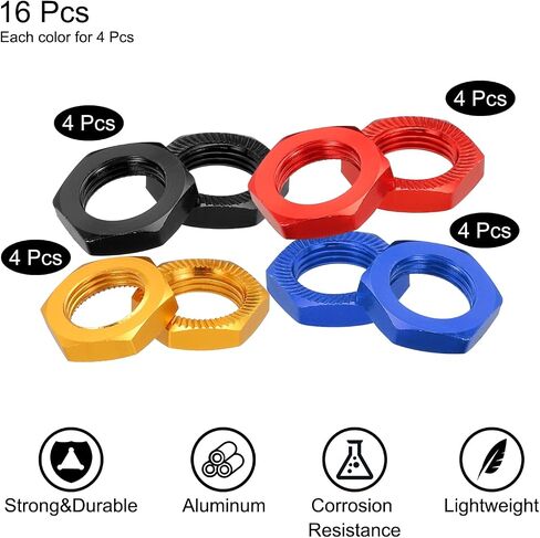MECCANIXITY ألومنيوم 17 مم RC عجلة الجوز الموضوع M12x1.0mm صواميل عجلة سداسية RC صامولة عجلة RC لشاحنات السيارات طراز 1/8 RC على الطرق الوعرة قطع غيار السيارات المطورة حزمة من 16 (4 ألوان) in Kuwait