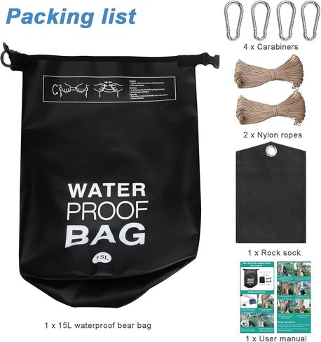 نظام تعليق حقيبة طعام الدب، حقيبة مقاومة للدب لحمل الطعام تتضمن حقيبة دب مقاومة للماء سعة 15 لتر، وحبال نايلون، وخطافات دائرية على شكل حرف D، وجورب روك، وتعليمات in Kuwait