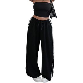 GORGLITTER Women's Plus Size Wide Leg Striped Baggy Track Pants Drawstring High Waist Sweatpants in Saudi Arabia
