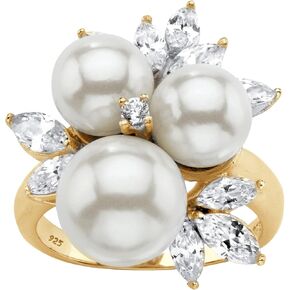 14K Yellow Gold over Sterling Silver Round Bead Simulated Pearl and Cubic Zirconia Ring in Saudi Arabia