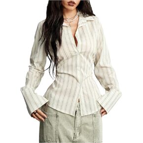 MakeMeChic Women's Y2K Striped Button Down Shirt Bell Sleeve Collared Blouse Tops in Kuwait