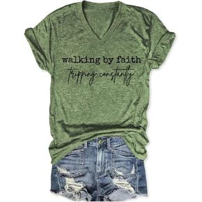 Christian Shirts for Women Faith Inspirational Tee Walking by Faith Tripping T Shirt Religious T-Shirt Short Sleeve in Saudi Arabia