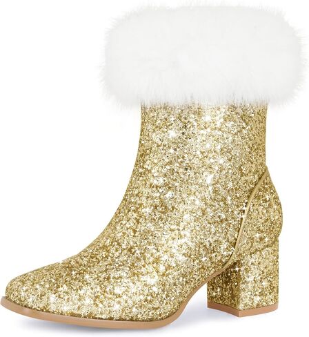 Allegra K Sparkly Glitter Boots for Women Square Toe Chunky Heel Faux Fur Ankle Boots in Saudi Arabia