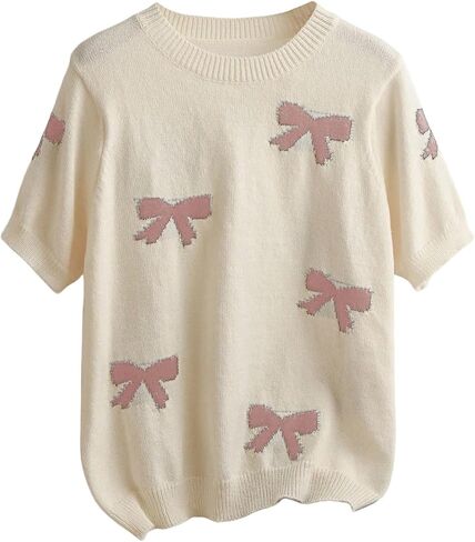 OYOANGLE Women's Plus Size Cute Bow Print Short Sleeve Sweater Crew Neck Pullover Knit Tops in Saudi Arabia