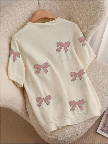 OYOANGLE Women's Plus Size Cute Bow Print Short Sleeve Sweater Crew Neck Pullover Knit Tops in Saudi Arabia