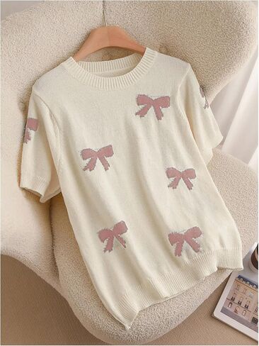 OYOANGLE Women's Plus Size Cute Bow Print Short Sleeve Sweater Crew Neck Pullover Knit Tops in Saudi Arabia