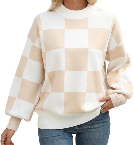 Spring Sweaters for Women, Women's Long Sleeve Turtleneck Stripes Plaid Trendy Oversized Ribbed Knit Pullover Sweater in Saudi Arabia