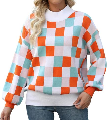 Spring Sweaters for Women, Women's Long Sleeve Turtleneck Stripes Plaid Trendy Oversized Ribbed Knit Pullover Sweater in Saudi Arabia